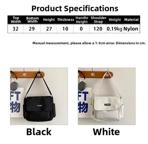 Detailed size chart for nylon messenger bag with specific dimensions and material specs