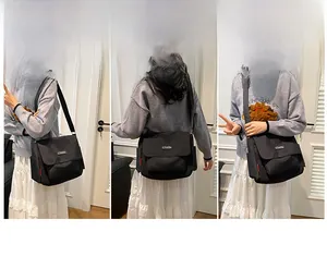 Three-angle views showing a large black canvas messenger bag worn by a model