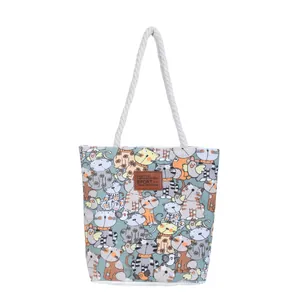 Borsa tote in tela con stampe di gatti colorati e manici in corda di cotone morbida