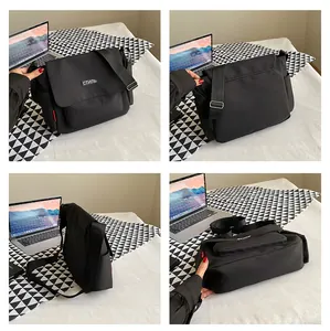 Four-angle view of black messenger bag with adjustable strap and stylish Cyrillic patch