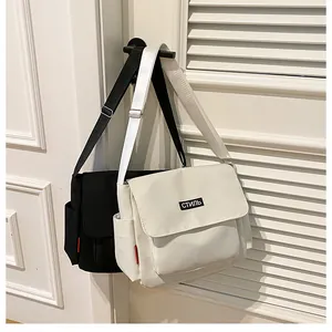 Detail of minimalist nylon messenger bag showing adjustable strap and buckle hardware