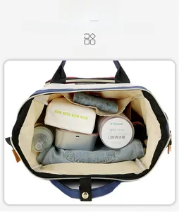 Macro view of wide-open mommy bag interior showing multiple functional storage pockets