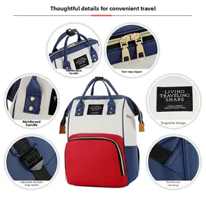 Detail view of tri-color mommy backpack showing dual zippers and reinforced stitching