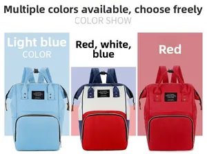 Three diaper backpacks in light blue, tricolor, and red colors with front pocket detail