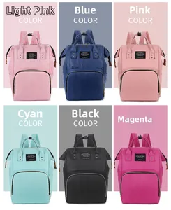 Collage of multi-color diaper backpacks including pink, blue, and black oxford fabric bags