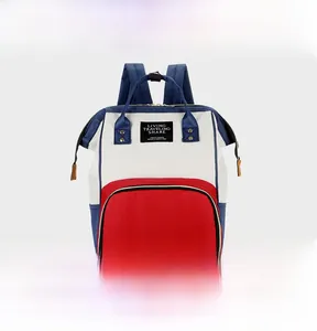 Detailed front view of a red white and navy tri-color multifunctional diaper backpack