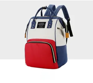 Three-color patchwork multifunctional mommy backpack with spacious side view design