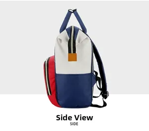 Side view of multi-colored diaper backpack with sturdy adjustable straps and side pocket