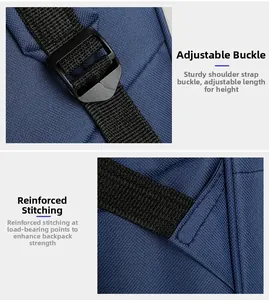 Detail of adjustable buckles and reinforced stitching on blue multi-functional diaper bag