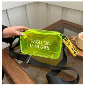 Detail of neon green transparent PVC mini bag with Fashion Mini Girl text and nylon strap