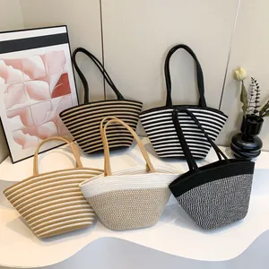 Sac Fourre-tout Tissé à Rayures pour Femmes Couleur Contrastée Sac à Bandoulière en Paille Grande Capacité Plage Été Décontracté