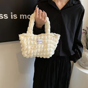 Chic cream white popcorn textured shoulder bag with LOVE FASHION label for women
