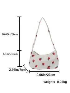 Detailed size specifications of the white canvas shoulder bag with strawberry print pattern