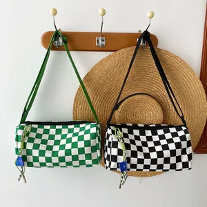 Women Checkerboard Canvas Cylinder Crossbody Bag Japanese Style Harajuku Streetwear Adjustable Shoulder Bag For Students