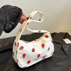 Women Casual Nylon Underarm Bag Japanese Style Fresh Strawberry Cherry Print Hobo Shoulder Bag Fashion Graffiti Letter Handbag For Daily Commuting