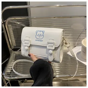 Detailed view of white PU leather crossbody bag with light blue cartoon cat embroidery