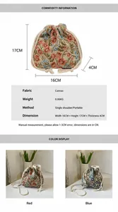 Detail view of floral canvas drawstring bag showing size 16x17x4cm and red blue patterns