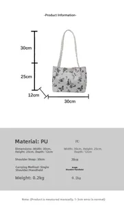 Detailed size specifications for the white PU tote bag featuring black butterfly patterns