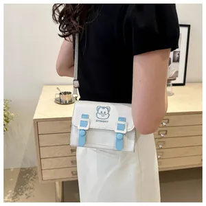 Detailed view of the cute white PU crossbody bag featuring cartoon bear embroidery
