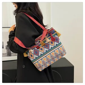 Detailed close-up of ethnic woven tote bag featuring geometric patterns and colorful tassels