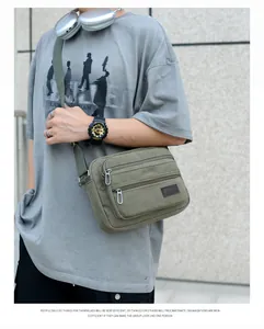Detail of army green canvas crossbody bag with multi-zipper pockets and sport patch