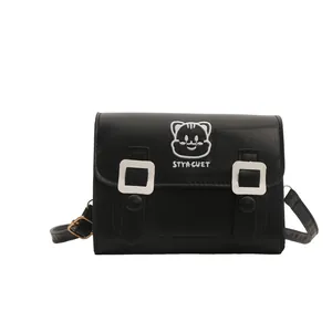 Cute black PU leather Cambridge crossbody bag with cartoon cat embroidery for girls