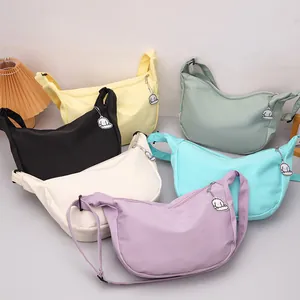 Japanese Korean Casual Canvas Hobo Bag For Women Solid Color Crescent Crossbody Bag With Cartoon Charm Adjustable Shoulder Strap