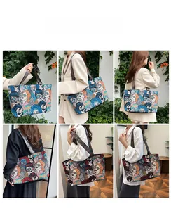 Detailaufnahme der Jacquard-Canvas-Tasche mit bunten Frauenporträts im Pop-Art-Stil