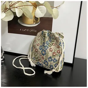 Close-up of floral jacquard texture with drawstring closure and cotton shoulder strap