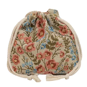 Floral drawstring canvas bucket bag with woven rope handle in fresh Chinese style