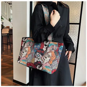 Detailansicht der Jacquard-Tragetasche mit Pop-Art-Porträt und gewebter Textur