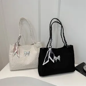 French Style Butterfly Tote Bag For Women Large Capacity Pleated Crinkle Shoulder Bag With Braided Handle And Scarf