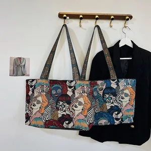 Damen Pop Art Porträt Jacquard Canvas Tragetasche Große Kapazität Ethno Gewebte Umhängetasche Lässige Pendler Handtasche Schultasche