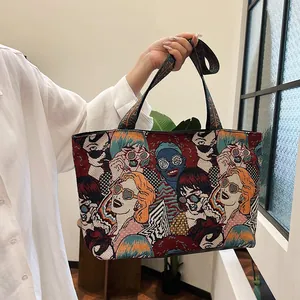 Ethno-Jacquard-Stofftasche mit lebhaftem Pop-Art-Porträtmuster für Damen im Alltag