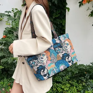 Ethno-Stil Jacquard-Canvas-Tasche mit bunten Pop-Art-Porträts und breitem Trageriemen