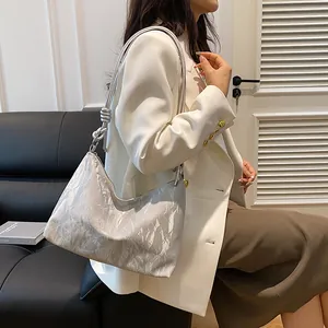 Silver wrinkled texture underarm bag for women with stylish knot detail tote