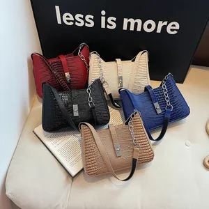 Women Crocodile Pattern Underarm Bag PU Leather Shoulder Bag With Silver Chain Twist Lock Fashion Alligator Texture Bag