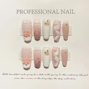 Handmade Pink Gradient Press On Nails Long Coffin Shape 3D Cherry Blossom Artificial Pearl Glitter Bowknot Elegant False Nails
