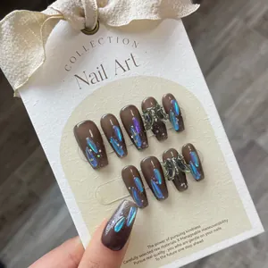 Faux Ongles Faits Main Avec Strass Aurore Design Papillon Effet Oeil de Chat Noir Transparent Pour Femmes