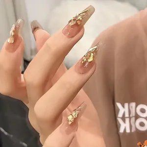 Handmade amber brown long trapezoid press-on nails with 3D gold foil and butterfly