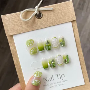 Uñas Postizas Hechas a Mano Limón Verde Relieve 3D Con Diamantes Corazón Puntas Sfumadas Verano para Mujer