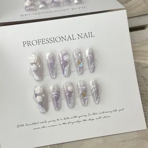 Handmade Purple Gradient Press On Nails Long Coffin 3D White Rose Pearl Rhinestone Decorative False Nails For Women Daily Dating