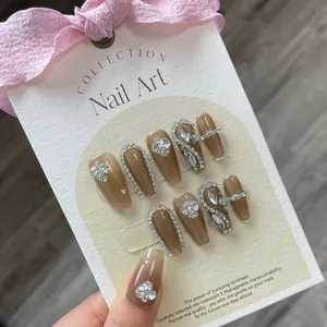 Faux Ongles à Presser Luxe Français Dégradé Marron Nude Fait Main avec Cœur en Strass et Nœud pour Mariage Mariée Femme