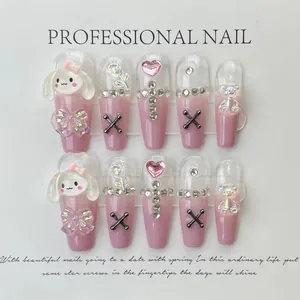 Long long-press handmade press-on nails with 3D pink bunny and silver bear charms