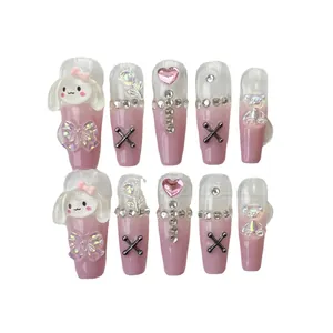 Pink gradient long trapezoid press-on nails with 3D resin bears and heart rhinestones