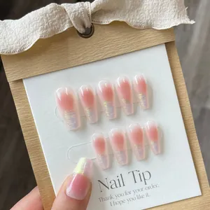 Handgemachte Künstliche Nägel Sarg Mandel Farbverlauf Pink Abendrot Mit Goldfolie Wiederverwendbare Nagelspitzen Für Damen Party Alltag
