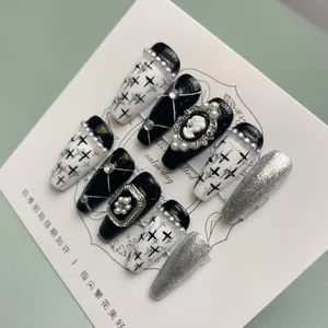 Handmade Gothic Black White Silver Press On Nails With Cross Cameo Artificial Pearl Decor Victorian Style Wearable False Nails