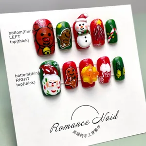 Handgefertigte Weihnachten Press On Nails Mit 3D Geprägt Weihnachtsmann Schneemann Elch Lebkuchenmann Festlich Rot Grün Weiß Dekorative Künstliche Nägel Damen