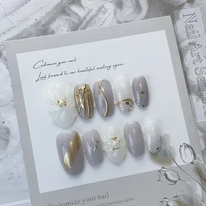 Handmade Press-On Nails 3D Flower Artificial Pearl Grey White Gold Japanese Style Artistic Nail Art Set Women Elegant Fake Nails