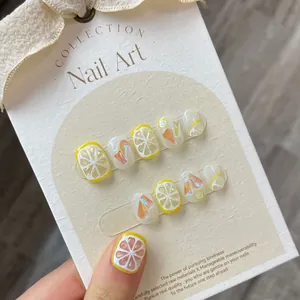 Handmade Press On Nails Summer Lemon French Style 3D Relief Fruit Design Yellow White Full Cover False Nails For Women
